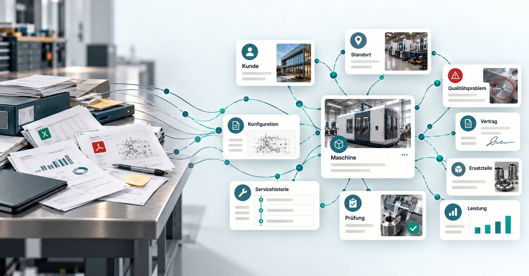 Scattered paper documents, spreadsheets and PDFs on a desk turning into a connected network of business objects around a machine: customer, location, configuration, service history, inspection, contract and spare parts