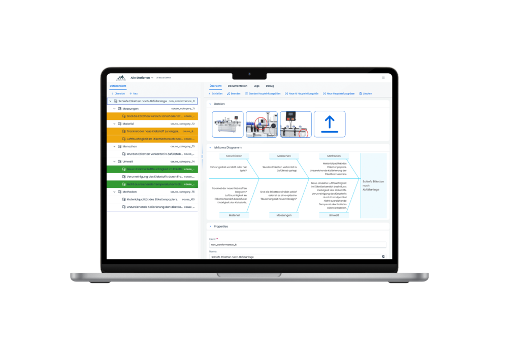 Mockup der Anwendung einer Root Cause Analyse (RCA) mit Exolynk